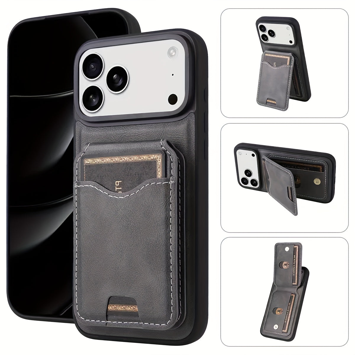 Faux Leather Phone Case with a Kickstand And Card Slot for Iphone 17 Pro Max, Compatible with Models 16/15/14/13/12/11 Pro, Designed for Drop Protection, Black Pu Film Case, Phone Case With Card Slot, Cell Phone Case Cute, Ph