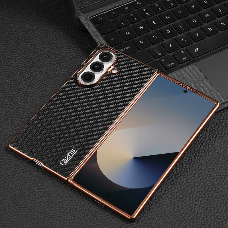 AZNS Luxury Plating Carbon Fiber Pattern Case for Galaxy Z Fold 7 Fold 6 Fold 5 Fold 4 Z Fold 3 Electroplated Protective Cover