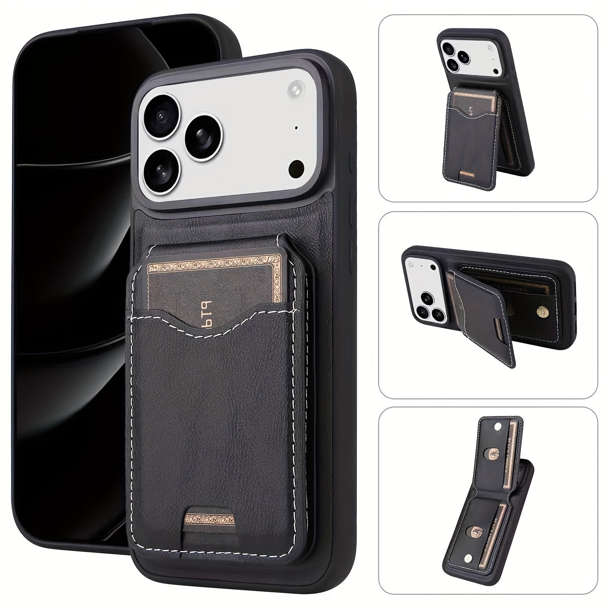 Faux Leather Phone Case with a Kickstand And Card Slot for Iphone 17 Pro Max, Compatible with Models 16/15/14/13/12/11 Pro, Designed for Drop Protection, Black Pu Film Case, Phone Case With Card Slot, Cell Phone Case Cute, Ph