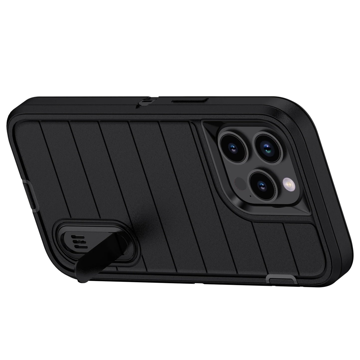 For iPhone 14/iPhone 14 Plus/iPhone 14 Pro/iPhone 14 Pro Max 5G 3-Layers Heavy Duty Protective Kickstand Phone Cover Black Case