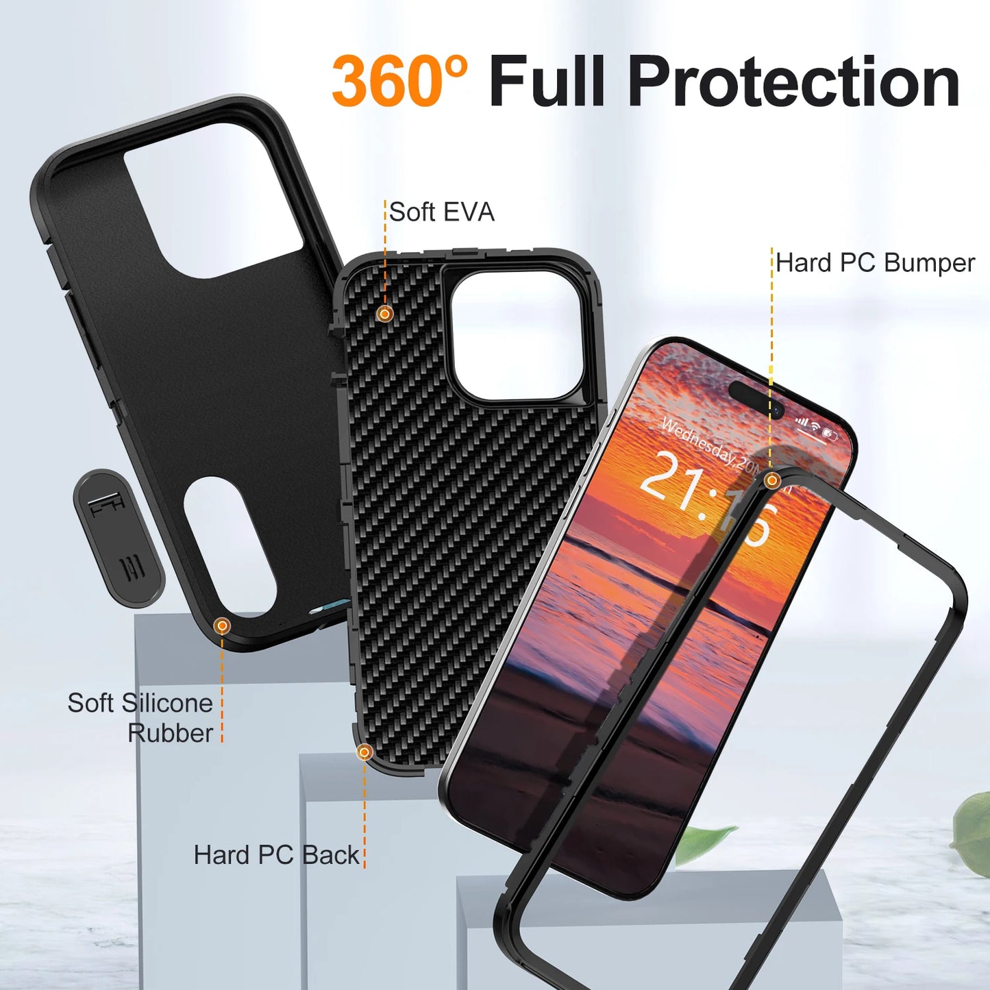 For iPhone 14/iPhone 14 Plus/iPhone 14 Pro/iPhone 14 Pro Max 5G 3-Layers Heavy Duty Protective Kickstand Phone Cover Black Case