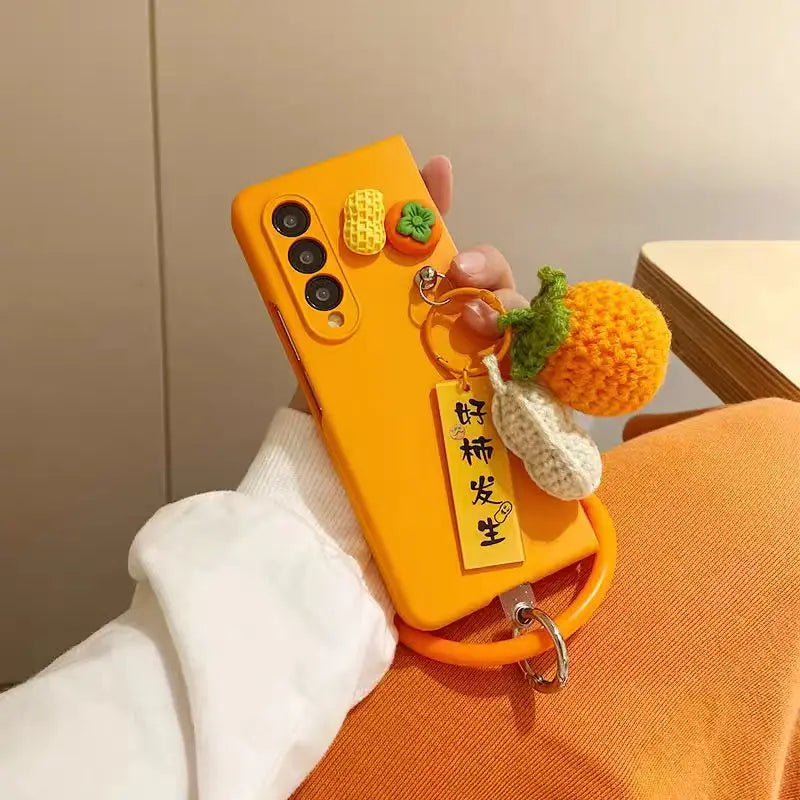 For Samsung Galaxy Z Fold 5 6 7 Z Fold 4 3 2 ZFold Special W25 Persimmon Peanut Plush Wristband Bracelet Protective Phone Cover