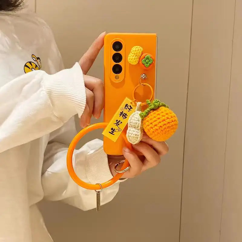 For Samsung Galaxy Z Fold 5 6 7 Z Fold 4 3 2 ZFold Special W25 Persimmon Peanut Plush Wristband Bracelet Protective Phone Cover