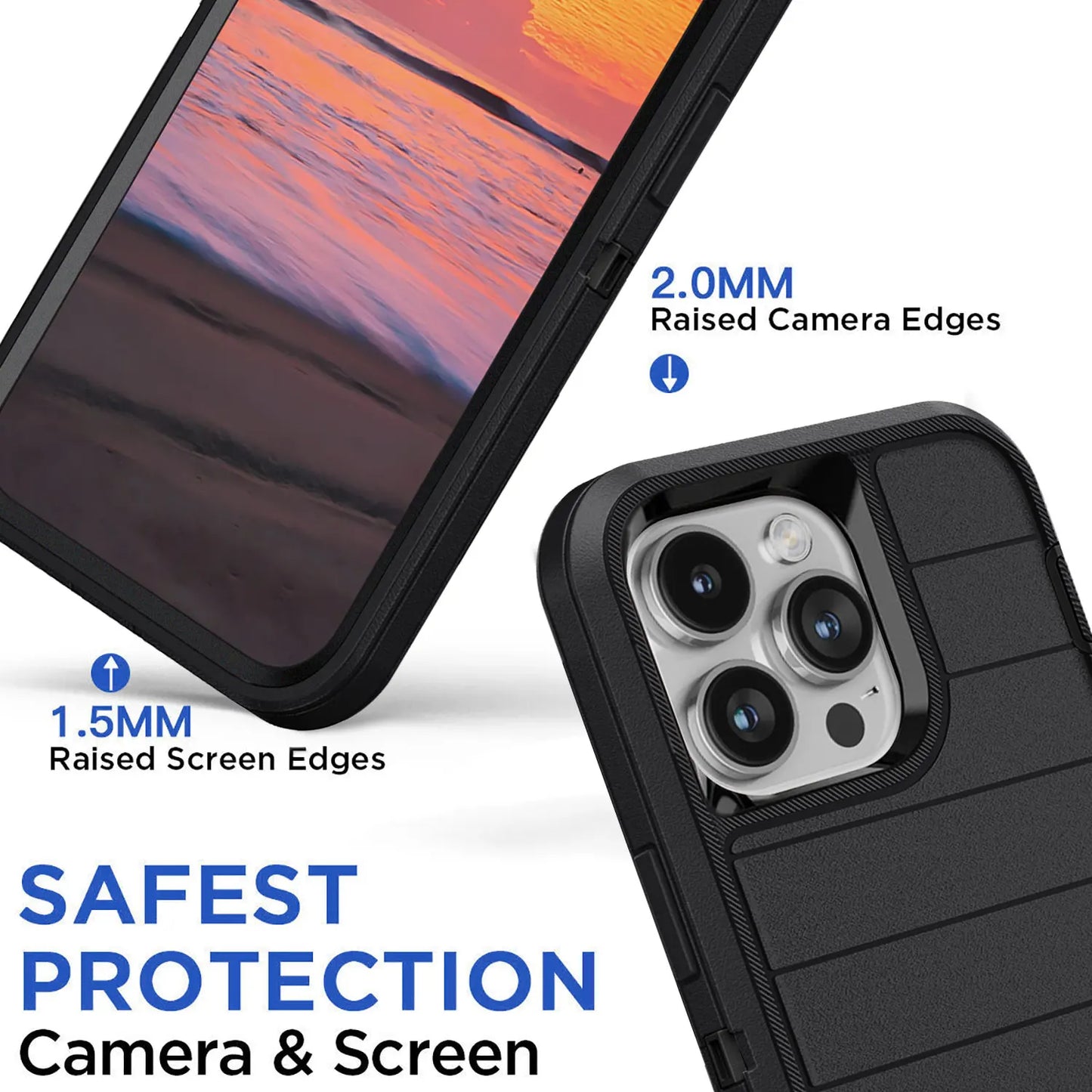 For iPhone 14/iPhone 14 Plus/iPhone 14 Pro/iPhone 14 Pro Max 5G 3-Layers Heavy Duty Protective Kickstand Phone Cover Black Case