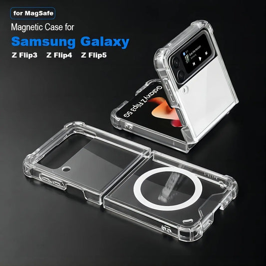 Galaxy Z Flip and Fold 3/4/5/6 Magnetic Case: Durable, Air-Cushioned, Transparent - Support Wireless Charging