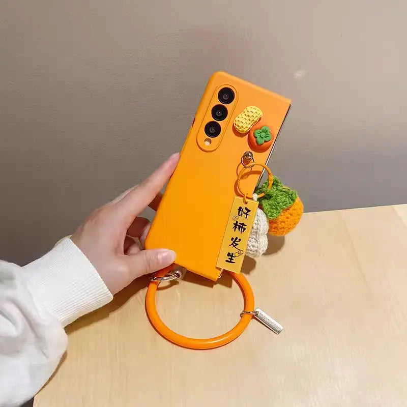 For Samsung Galaxy Z Fold 5 6 7 Z Fold 4 3 2 ZFold Special W25 Persimmon Peanut Plush Wristband Bracelet Protective Phone Cover