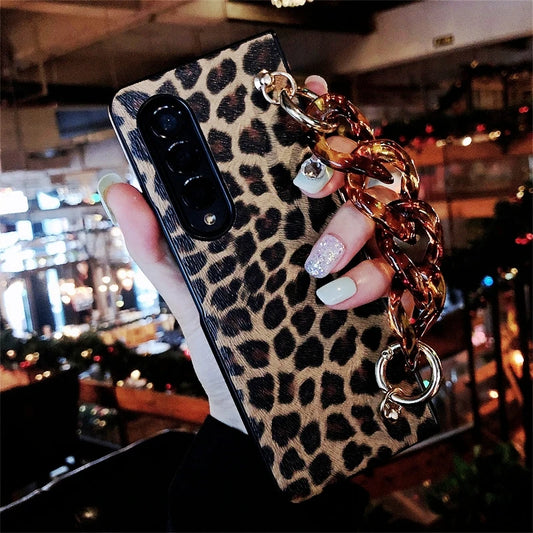 Luxury Leopard Print PU Leather Phone Case For Samsung Galaxy ZFold 7 ZFold6 ZFold 5 4 3 Cover with Wrist Strap for Woman Girl