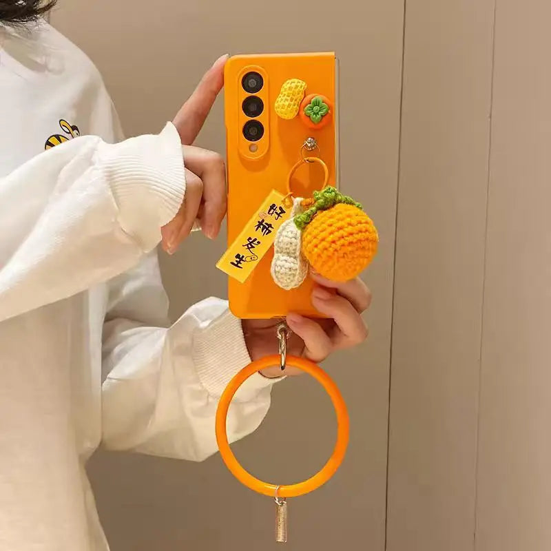 For Samsung Galaxy Z Fold 5 6 7 Z Fold 4 3 2 ZFold Special W25 Persimmon Peanut Plush Wristband Bracelet Protective Phone Cover