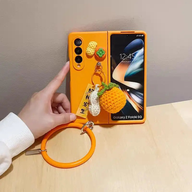 For Samsung Galaxy Z Fold 5 6 7 Z Fold 4 3 2 ZFold Special W25 Persimmon Peanut Plush Wristband Bracelet Protective Phone Cover