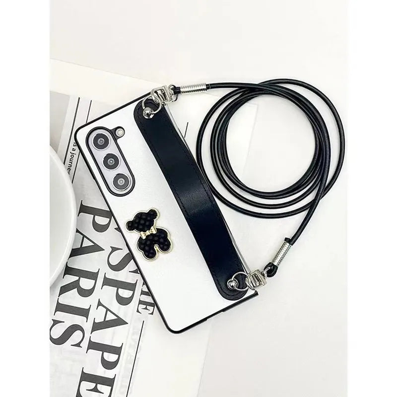 Fashion 3D Bear Wrist Bracelet Phone Case for Samsung Galaxy ZFold 5 ZFold 6 7 Z Fold 4 3 2 Lanyard Necklace Chain Leather Cover