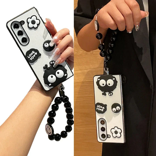 Korean Kawaii Flower Coal Ball Beads Bracelet Chain Phone Case For Samsung Galaxy ZFold5 ZFold6 7 ZFold 4 3 2 ZFold SE W25 Funda