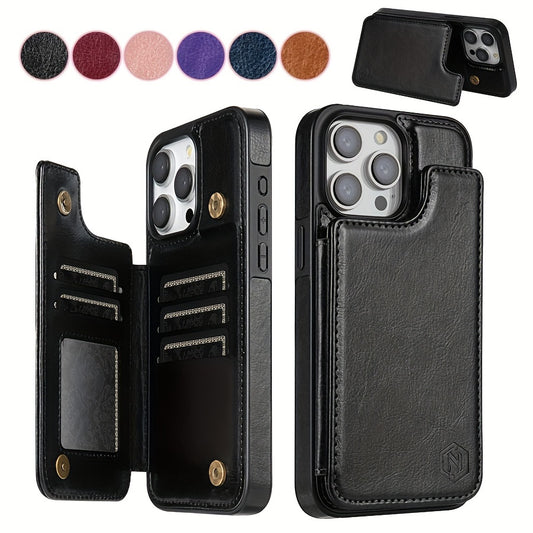 Wallet Solid Color Double Button Side Sticker with Card Slot RFID Blocking Kickstand Magnetic Flip PU Artificial Leather Case for iPhone 15 Pro Max 14 Plus 13 12 11 X XS XR SE 2022 2020 8 7 Business Shockproof Protective Cove