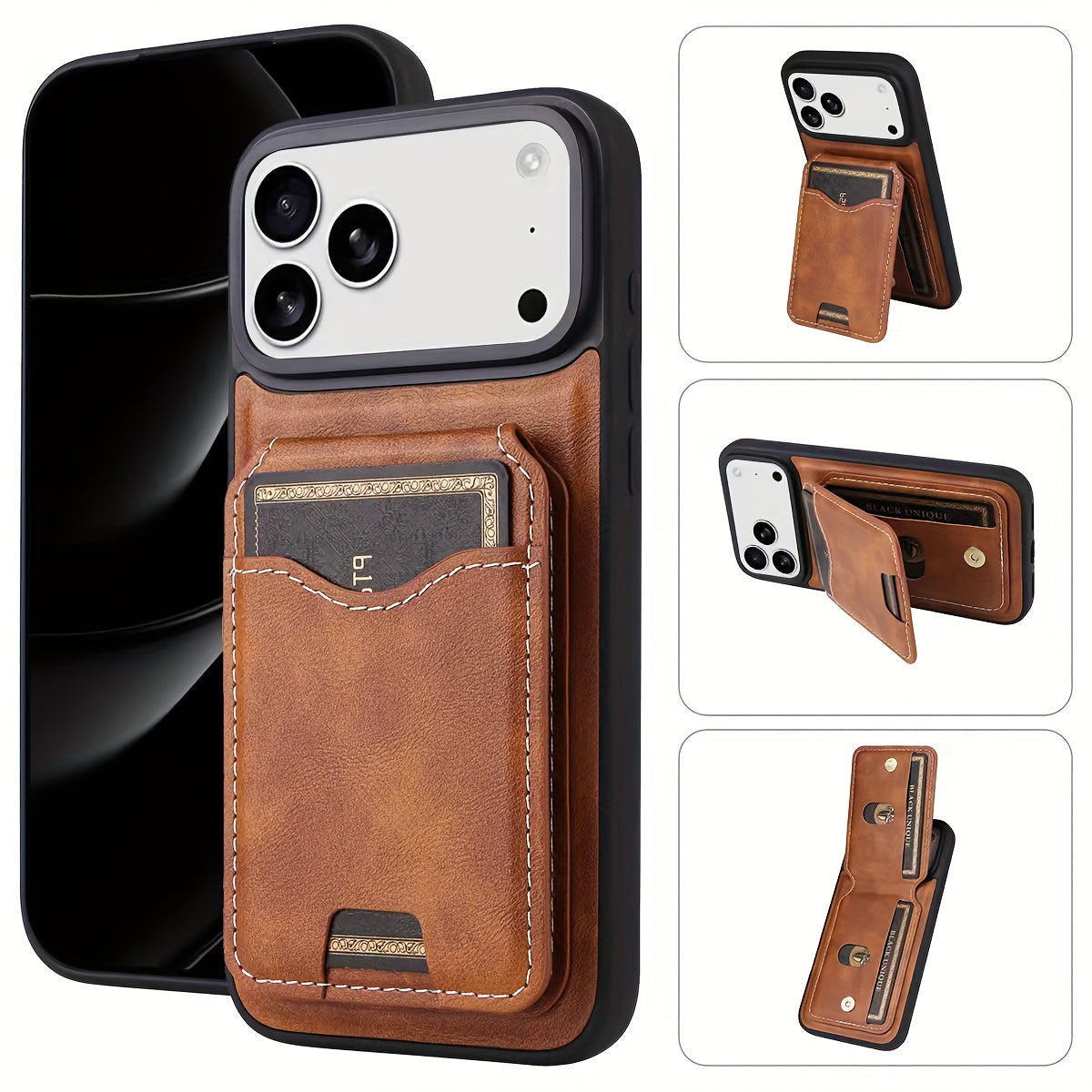 Faux Leather Phone Case with a Kickstand And Card Slot for Iphone 17 Pro Max, Compatible with Models 16/15/14/13/12/11 Pro, Designed for Drop Protection, Black Pu Film Case, Phone Case With Card Slot, Cell Phone Case Cute, Ph